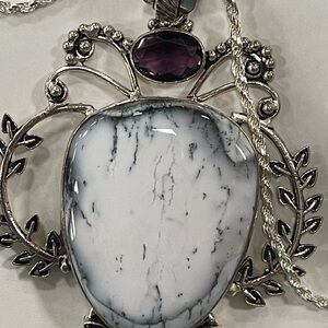 Elegant Dendrite and Amethyst in Sterling Silver Ornate Pendant Necklace.
